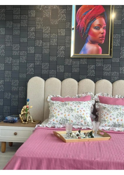 Çift Kişilik Fırfırlı Pike Takımı Kiraz Çiçeği Desenli 6 Parça Pike Seti | Pembe | fırsatları