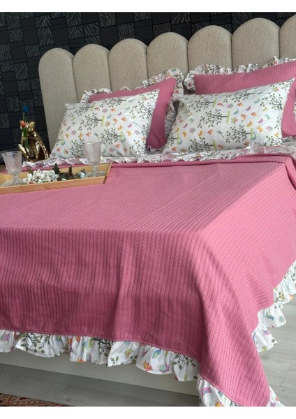 Çift Kişilik Fırfırlı Pike Takımı Kiraz Çiçeği Desenli 6 Parça Pike Seti | Pembe | indirimleri