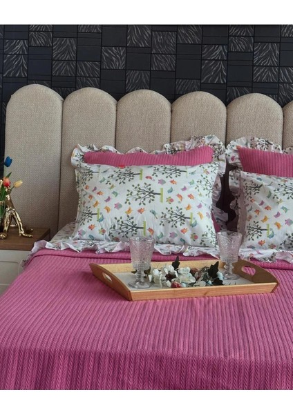 Çift Kişilik Fırfırlı Pike Takımı Kiraz Çiçeği Desenli 6 Parça Pike Seti | Pembe |