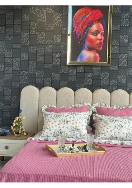 Çift Kişilik Fırfırlı Pike Takımı Kiraz Çiçeği Desenli 6 Parça Pike Seti | Pembe |