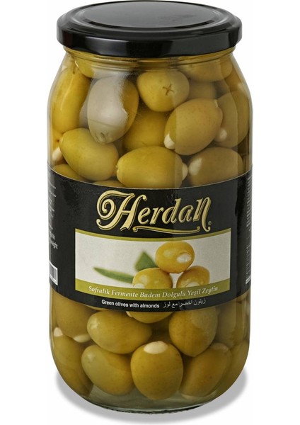 1000CC Cam Kavanoz Badem Dolgulu Yeşil Zeytin (NET:600GR)