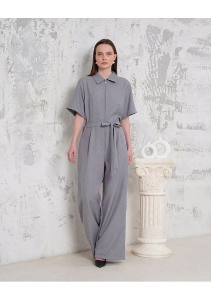 Kuşaklı Gömlek Yaka Salaş Tulum Gri S255822