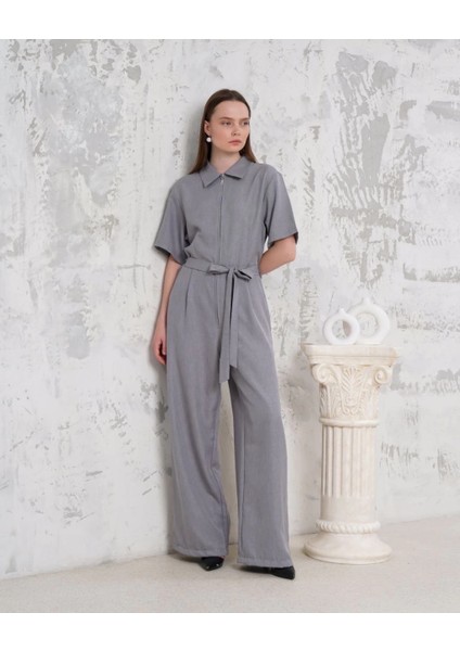 Kuşaklı Gömlek Yaka Salaş Tulum Gri S255822 modelleri