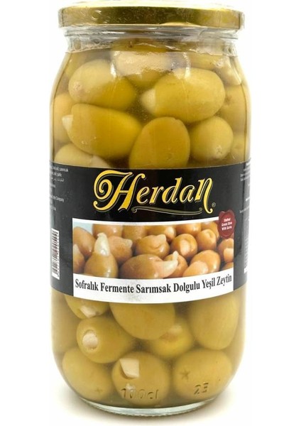 1000CC Cam Kavanoz Sarımsaklı Yeşil Zeytin (NET:600GR)