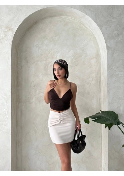 Önü Büzgülü Etek Bej S24222 modelleri