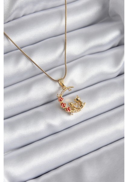 316L Çelik Gold Renk Hilal Kedi Model Zirkon Taşlı Detay Kadın Kolye