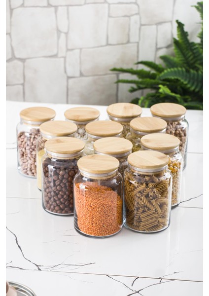 12 Lü Set Bambu Kapaklı Cam Kavanoz & Erzak Saklama Kabı 800 ml Orta Boy ( Vakum Kapak )