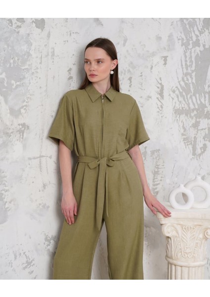 Kuşaklı Gömlek Yaka Salaş Tulum Haki S255822 fiyatları