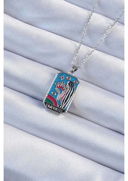 316L Çelik Zincir Gümüş Renk Taç ve Kız Figürlü Renkli Mineli Tarot Kolye