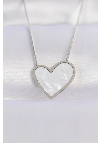 316L Çelik Zincir Gümüş Renk Mermer Desenli Kalp Kolye