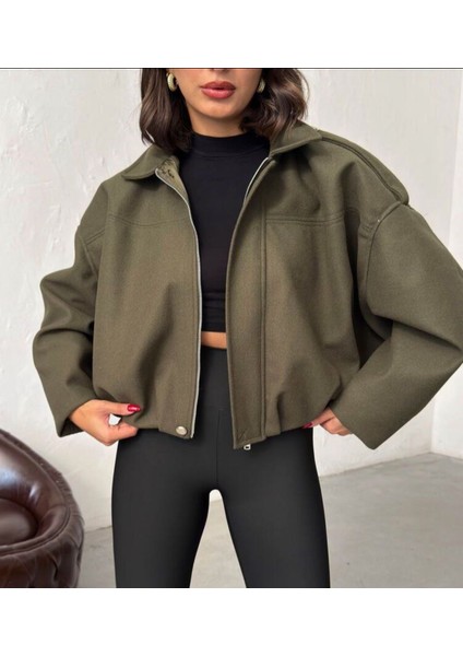 Bayan Haki Kısa Kaşe Fermuarlı Bomber Kaban Mont Ceket