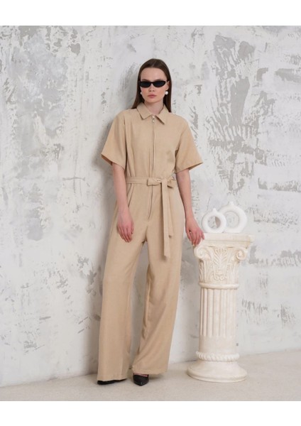 Kuşaklı Gömlek Yaka Salaş Tulum Bej S255822 fiyatları