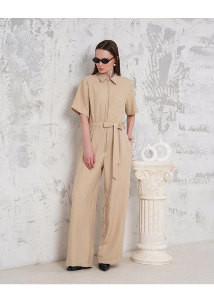 Kuşaklı Gömlek Yaka Salaş Tulum Bej S255822 indirimleri