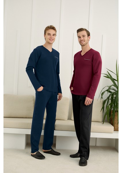 Erkek V Yaka Uzun Kollu Battal Pijama Takımı