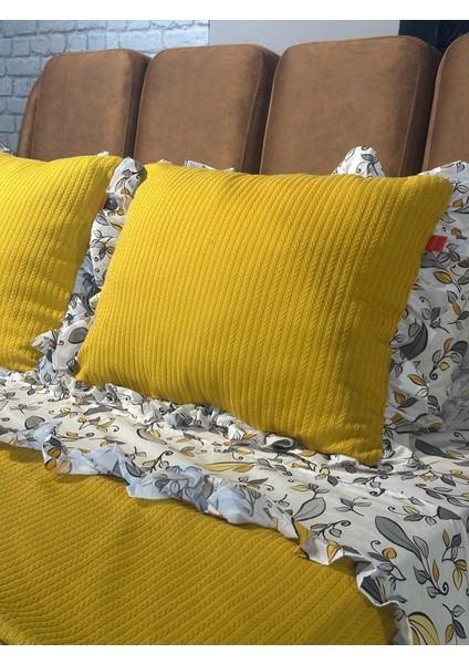 Çift Kişilik Fırfırlı Pike Takımı Kiraz Çiçeği Desenli 6 Parça Pike Seti | Sarı | modelleri