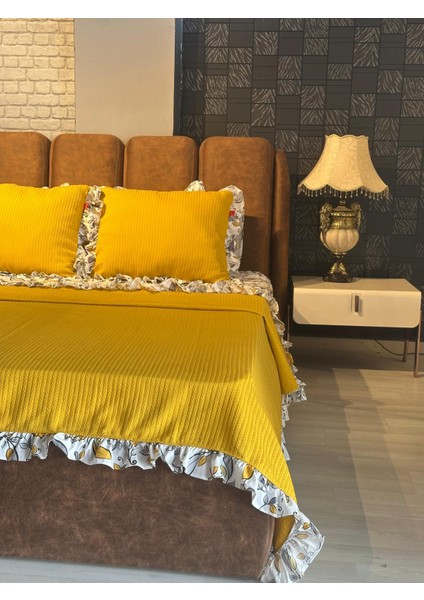 Çift Kişilik Fırfırlı Pike Takımı Kiraz Çiçeği Desenli 6 Parça Pike Seti | Sarı | fırsatları