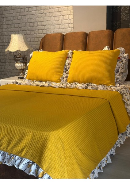 Çift Kişilik Fırfırlı Pike Takımı Kiraz Çiçeği Desenli 6 Parça Pike Seti | Sarı | indirimleri