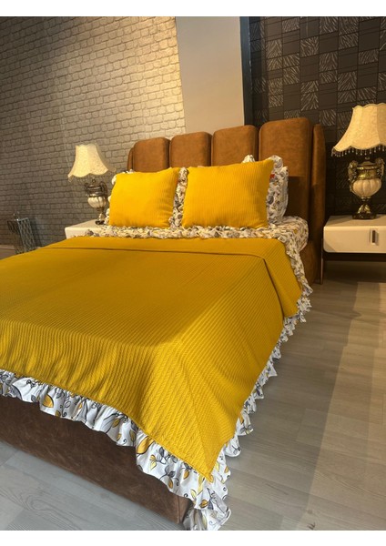 Çift Kişilik Fırfırlı Pike Takımı Kiraz Çiçeği Desenli 6 Parça Pike Seti | Sarı |