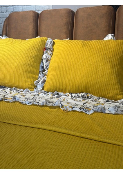 Çift Kişilik Fırfırlı Pike Takımı Kiraz Çiçeği Desenli 6 Parça Pike Seti | Sarı |