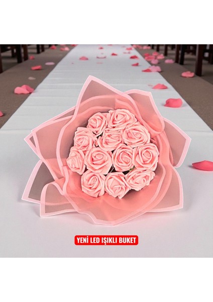 LED Işıklı Pembe Gül Buketi Anneye Sevgiliye Arkadaşa Hediye Yapay Kelebek Buleti