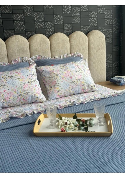 Çift Kişilik Fırfırlı Pike Takımı Kiraz Çiçeği Desenli 6 Parça Pike Seti | Mavi |