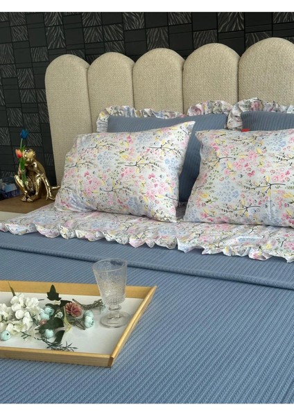 Çift Kişilik Fırfırlı Pike Takımı Kiraz Çiçeği Desenli 6 Parça Pike Seti | Mavi | fiyatları