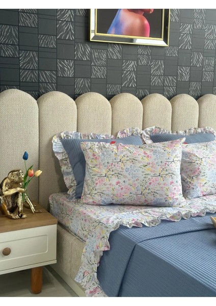 Çift Kişilik Fırfırlı Pike Takımı Kiraz Çiçeği Desenli 6 Parça Pike Seti | Mavi | modelleri