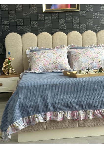 Çift Kişilik Fırfırlı Pike Takımı Kiraz Çiçeği Desenli 6 Parça Pike Seti | Mavi | fırsatları