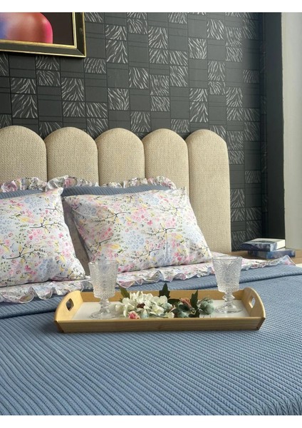 Çift Kişilik Fırfırlı Pike Takımı Kiraz Çiçeği Desenli 6 Parça Pike Seti | Mavi | indirimleri