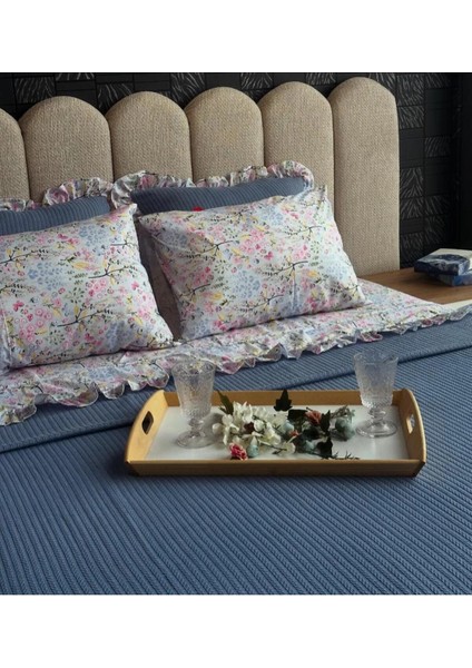 Çift Kişilik Fırfırlı Pike Takımı Kiraz Çiçeği Desenli 6 Parça Pike Seti | Mavi |