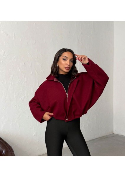 Bayan Bordo Kısa Bomber Kaşe Fermuarlı Kaban Mont Ceket
