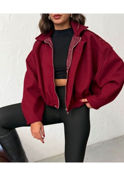 Bayan Bordo Kısa Bomber Kaşe Fermuarlı Kaban Mont Ceket fiyatları