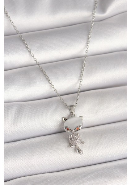 316L Çelik Gümüş Renk Zincir Zirkon Taşlı Kedi Model Kadın Kolye