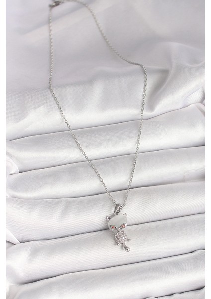 316L Çelik Gümüş Renk Zincir Zirkon Taşlı Kedi Model Kadın Kolye fiyatları