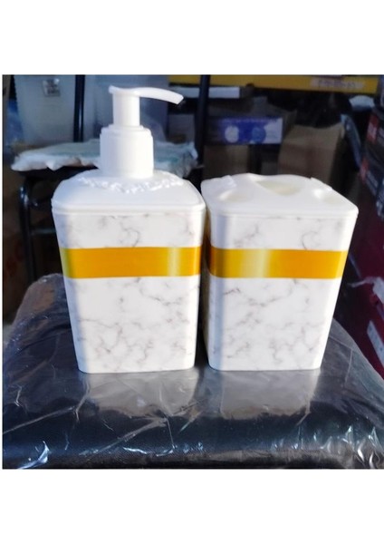 Mermer Desenli Ikili Set, Sıvı Sabunluk ve Diş Fırçalık