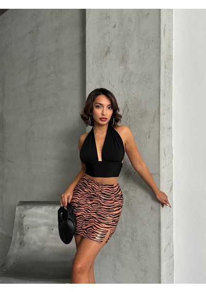 Tek Yırtmaçlı Zebra Desenli Deri Etek Kahvesiyah W24475-S indirimleri