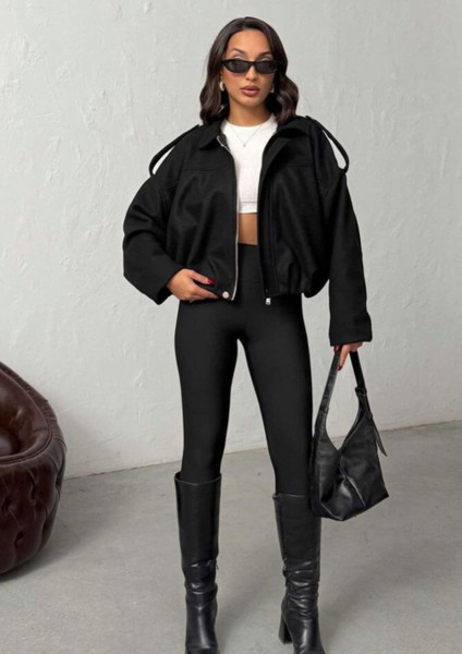 Bayan Siyah Kısa Kaşe Fermuarlı Bomber Kaban Mont Ceket fiyatları
