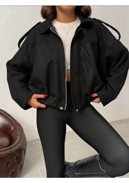 Bayan Siyah Kısa Kaşe Fermuarlı Bomber Kaban Mont Ceket modelleri