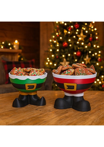 3D Baskı Yılbaşı Sunum Seti – Elf ve Noel Baba Ayaklı Kurabiye Kaseleri (2’li)