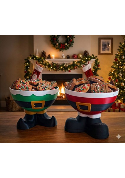 3D Baskı Yılbaşı Sunum Seti – Elf ve Noel Baba Ayaklı Kurabiye Kaseleri (2’li) modelleri