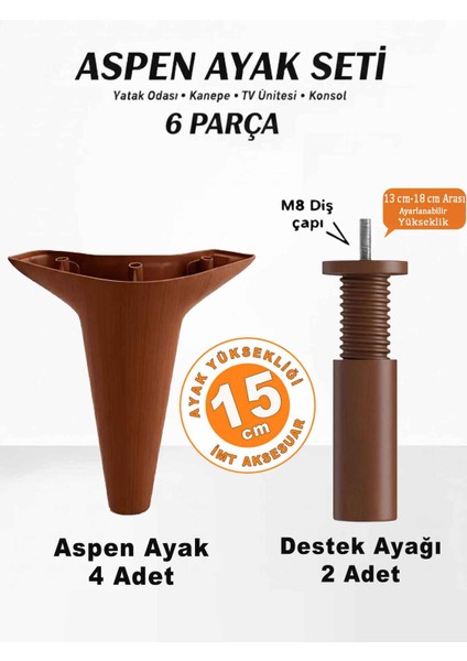 Imt Aksesuar Aspen 15 cm (6'lı Set Ceviz)Mobilya Kanepe Koltuk Baza Dolap Tv Ünitesi Yatak Odası Konsol Ayağı