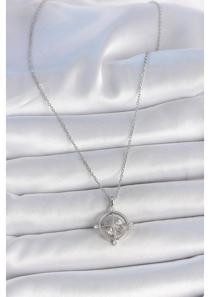 316L Çelik Gümüş Renk Zincir Zirkon Taşlı Pusula Model Kadın Kolye fiyatları