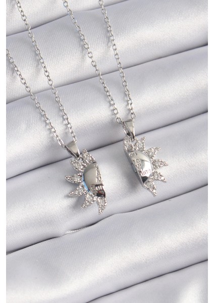 316L Çelik Gümüş Renk Zirkon Taşlı Güneş Model Işleme Yazı Detay Arkadaşlık Kolyesi