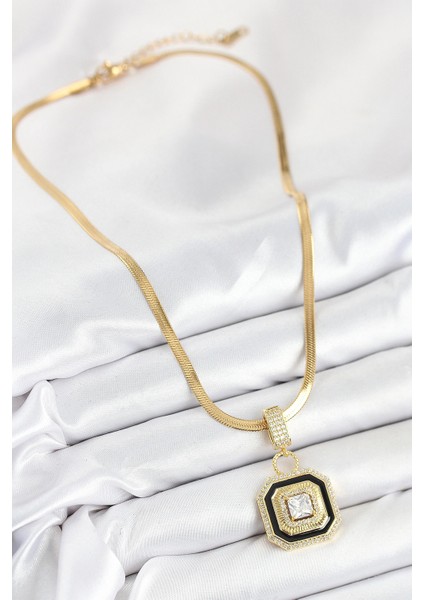 316L Çelik Zirkon Taşlı Siyah Detaylı Baget Model Gold Renk Kadın Kolye fiyatları