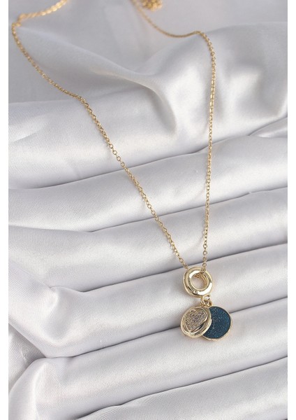 316L Çelik Gold Renk Zincir Zirkon Taşlı Kalp Model Mavi Simli Kadın Kolye fiyatları