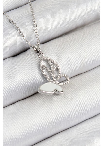 316L Çelik Zirkon Taşlı Kelebek Model Gümüş Renk Kadın Kolye