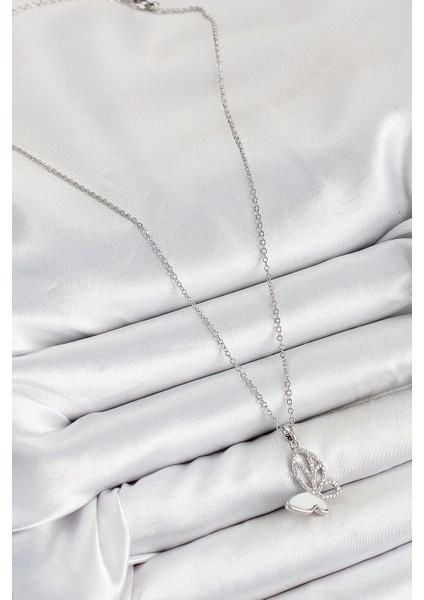 316L Çelik Zirkon Taşlı Kelebek Model Gümüş Renk Kadın Kolye fiyatları