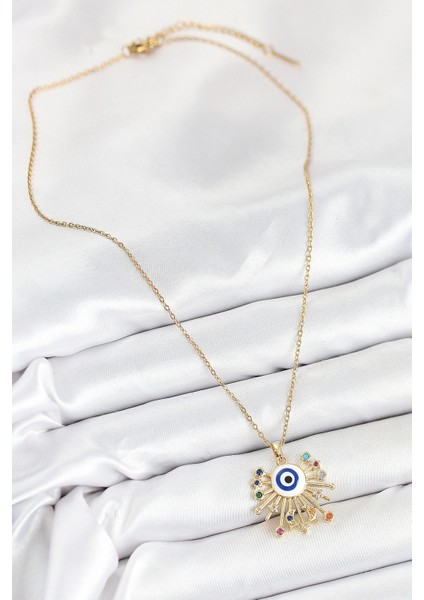 316L Çelik Zirkon Taşlı Nazar Model Gold Renk Kadın Kolye fiyatları