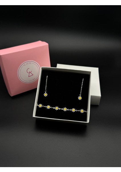 925 Gümüş Papatya Bileklik ve Küpe Seti , Zarif Papatya Set , Sevgiliye Hediye Seti ,yılbaşı Hediyesi