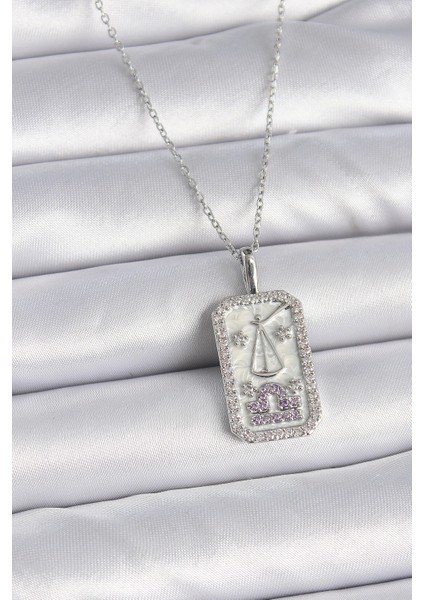 316L Çelik Gümüş Renk Terazi Burcu Zirkon Taşlı Kadın Kolye